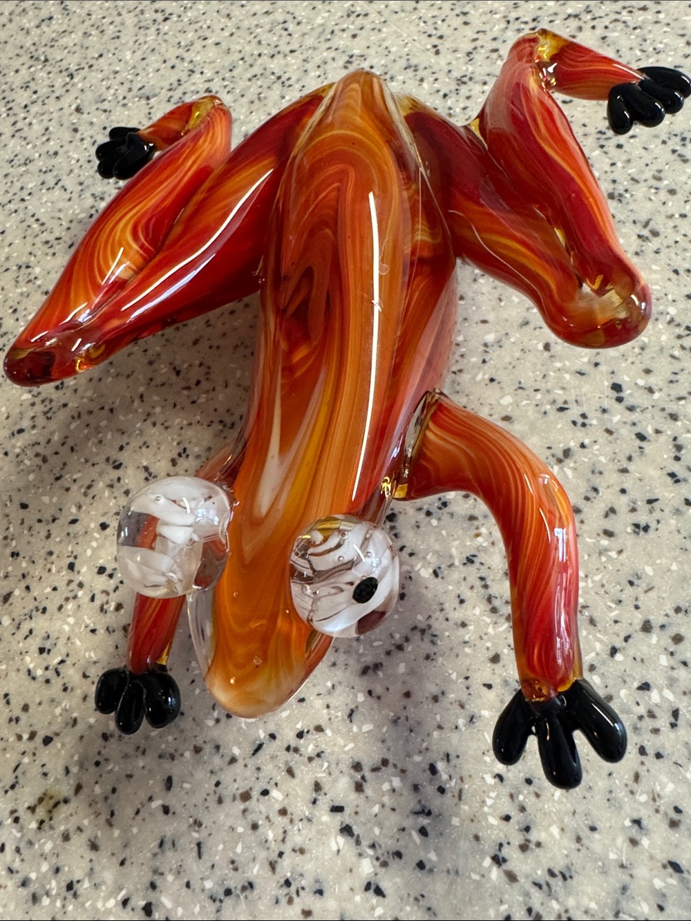 Vintage Signed Hand-Blown Glass Tree Frog Figurine in Swirled Red & Orange